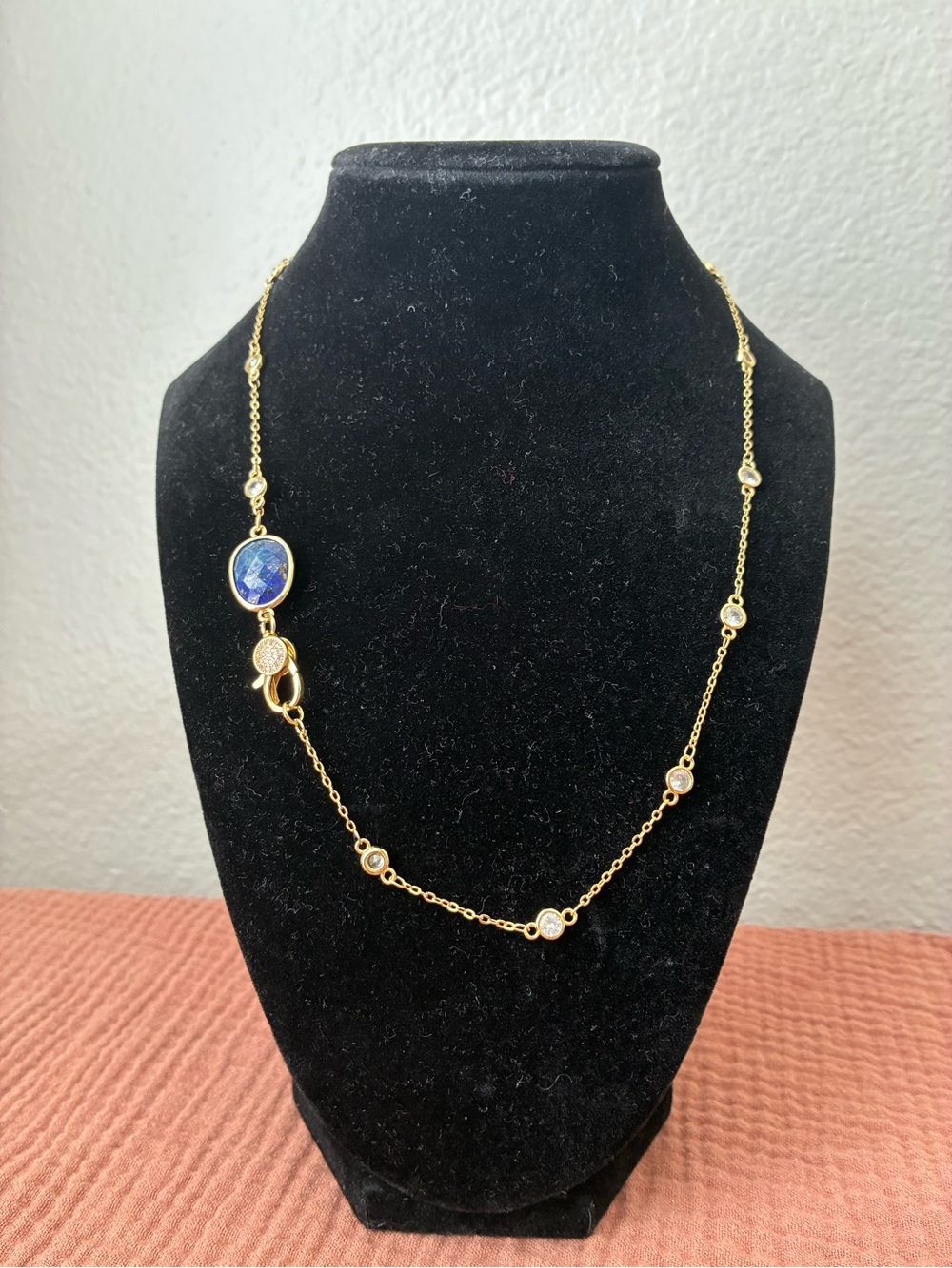Gold Plated Necklace with Blue Stone Accent 18”